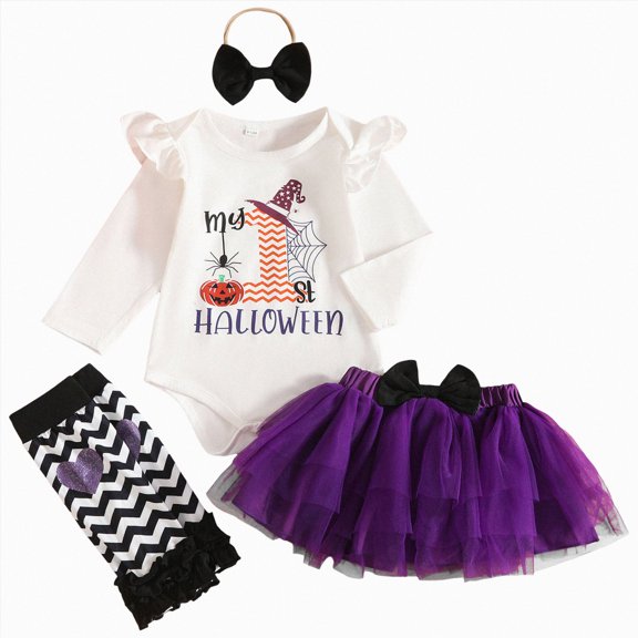 Kakishop My First Halloween Baby Boy Outfit Newborn Fall Winter Clothes Suspender Skirt Newborn Long Sleeve Ruffled Romper Cute Ghost Dress Headband Spring Outfits,Purple