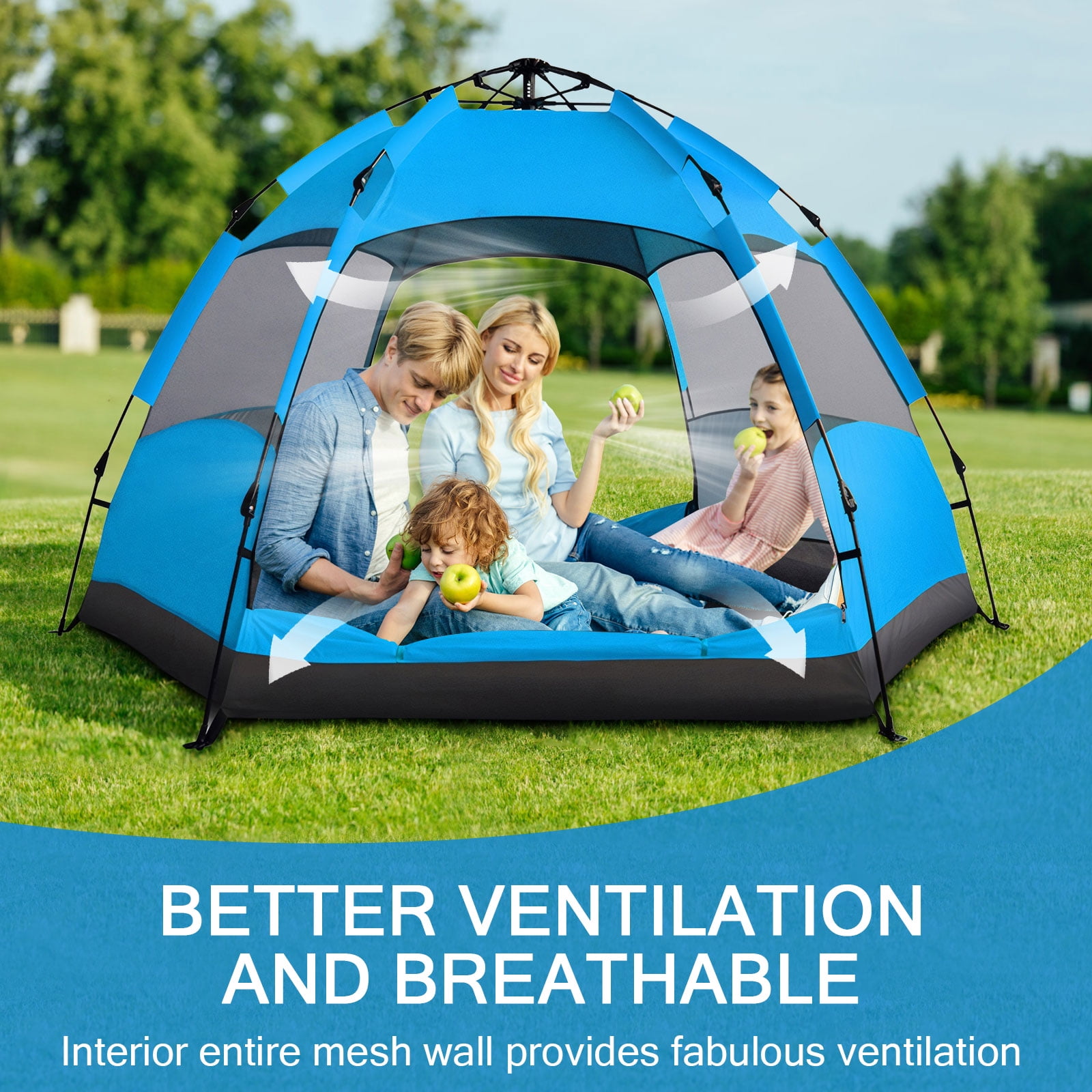 TOPCHANCES Outdoor Camping Tent for 3-4 Person, Automatic Pop Up Instant Tent with Rainproof Cover and Inflatable Pillow, Portable Waterproof Windproof for Family Hiking, Car Trip - Blue #B