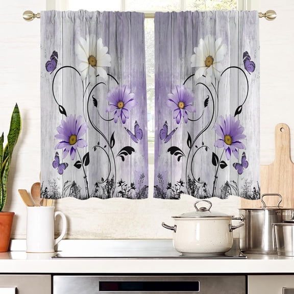 Purple Floral Window Curtains for Kitchen Lavender Lilac Flowers Girls Butterfly Fun Small Short Home Living Room Bedroom Bathroom Drapes Treatment Tiers Fabric 1 Pair, 27.5" W x 45" L, Rustic