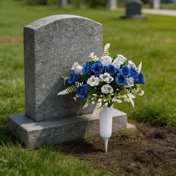 Bcylexb Artificial Cemetery Flowers with Vase, 15" Artificial Fake Rose Bouquet Graveyard Memorial Flowers for Cemetery Headstones Decoration