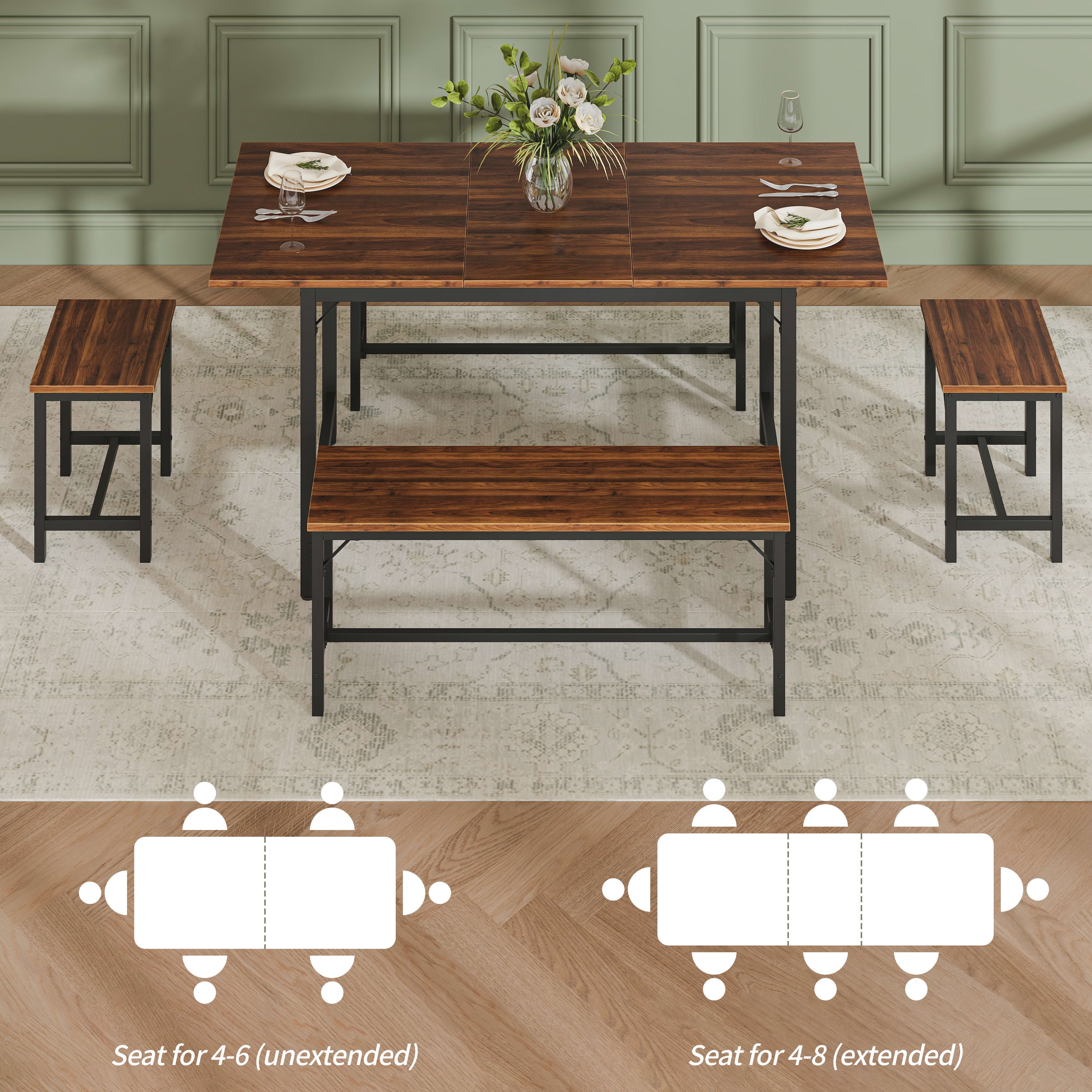 Aukfa 63" Extendable Dining Table Set for 4-8, 3-Piece Kitchen Table Set with 2 Benches & 2 Stools, Space Saving Wood Table & Metal Frame,Walnut