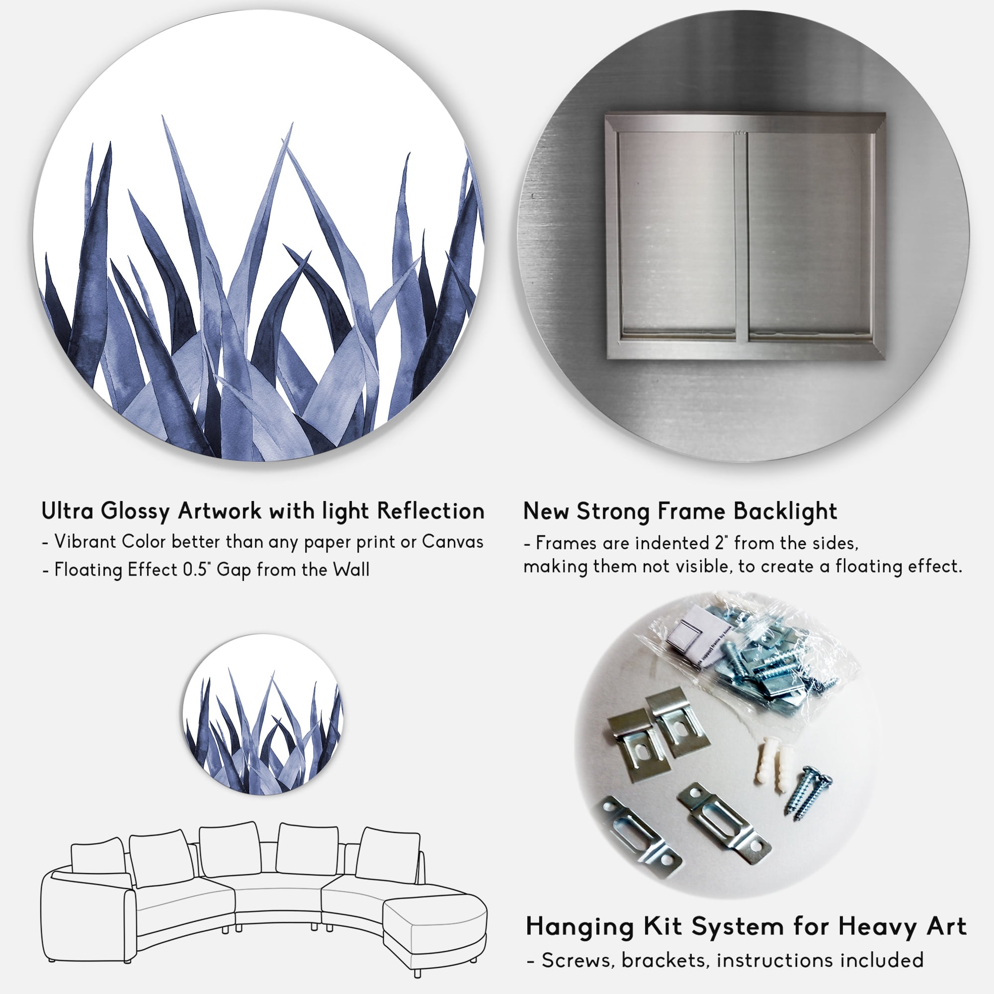 Designart 'Close Up Navy Blue Agave Leaves' Traditional Circle Metal Wall Art 23x23 - Disc of 23