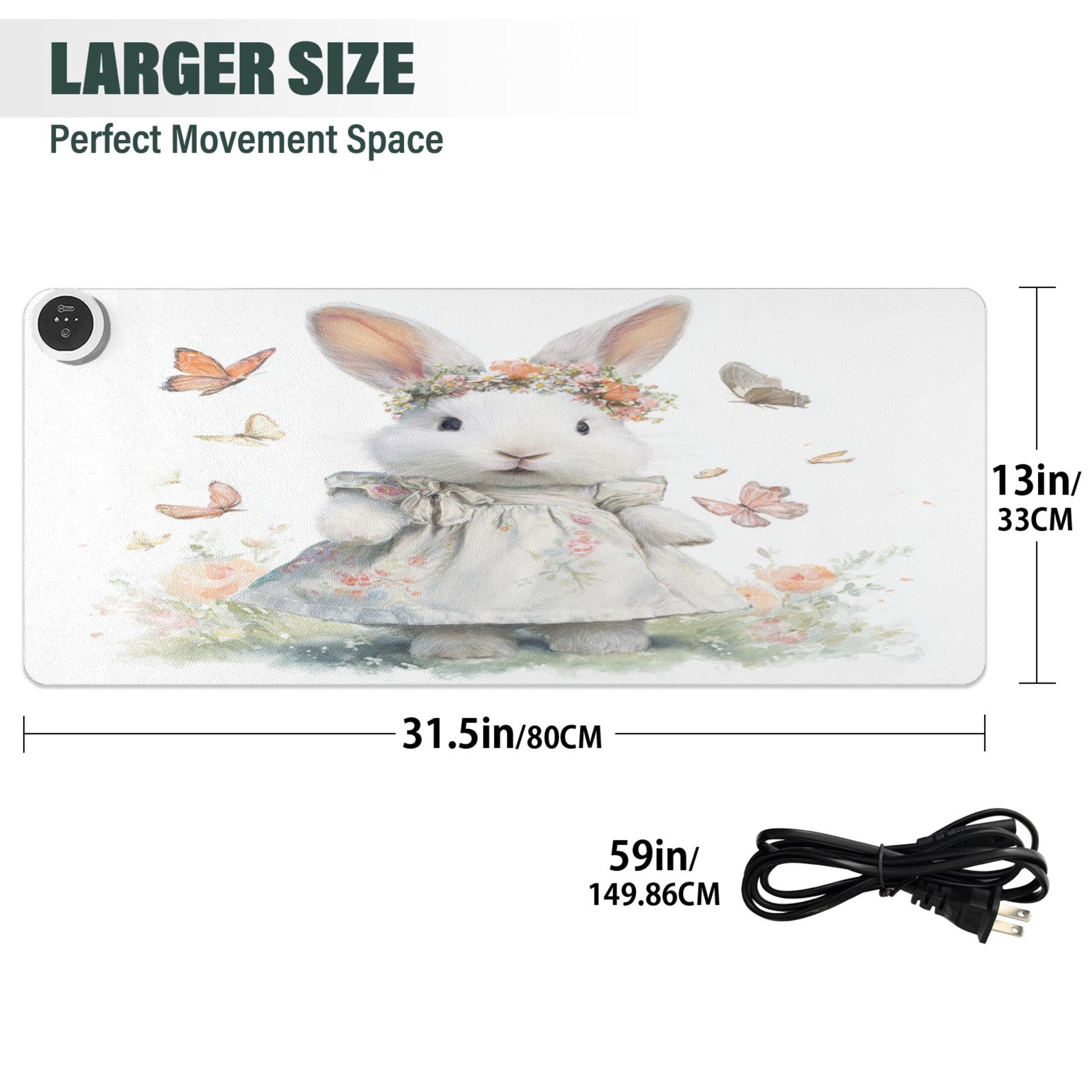 Large Heated Desk Mat Mouse Pad 31.5"x13"PU Leather Graphene Heating Desk Warmer with 3 Temperature Settings 110V US Plug Non-Slip Warm Pad for Home, Office, and Gaming Cute White Little Rabbit