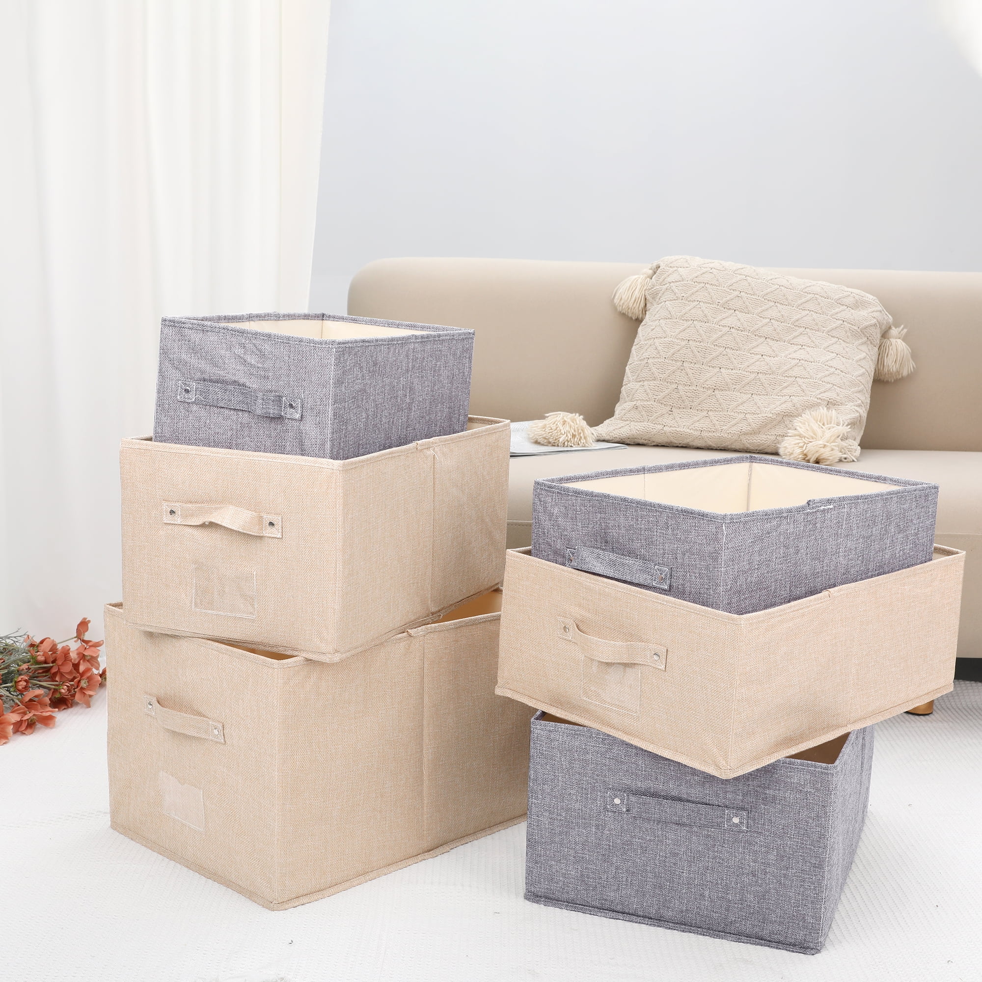 Unique Bargains Storage Cube Fabric Bin with Handles for Shelves Basket Grey 19*14*12in