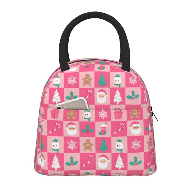 Fotbe Pink Christmas Cheer Bolsa de Almuerzo con Estampado, Lonchera Aislada, Contenedor de Comida Reutilizable Tipo Cooler a Prueba de Fugas