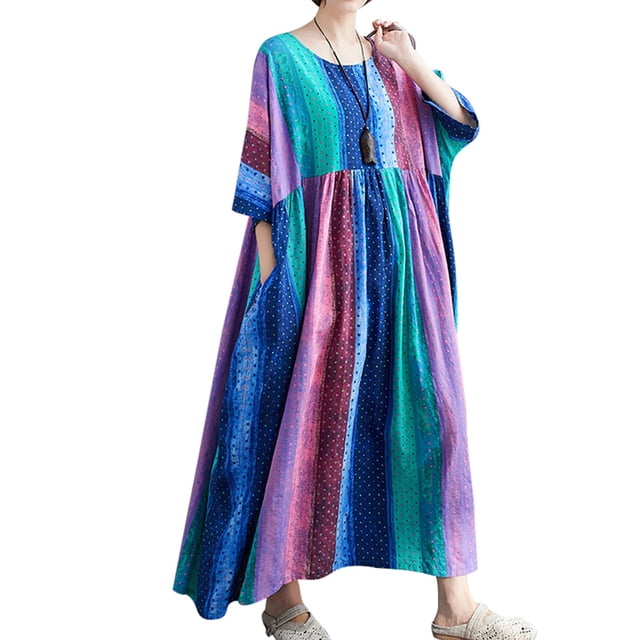 Vestido de lino de algodón para mujer Bolsillos con estampado floral Media pantorrilla O-cuello suel Abanopi 5