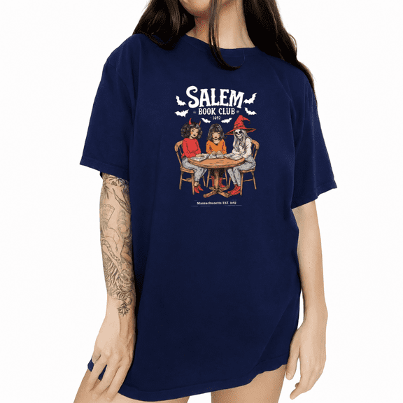 UNISHE Women's Salem Book Club 1692 Massachusetts Graphic Print T-Shirt Relaxed Halloween Witchy Short Sleeve Top