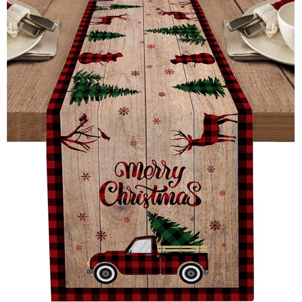 Camión con textura de madera a cuadros rojos con árbol de Navidad, estampado feo de copo de nieve para comedor, cocina, sala de estar, decoración de mesa de fiesta Zhivalor WRJM-491-5