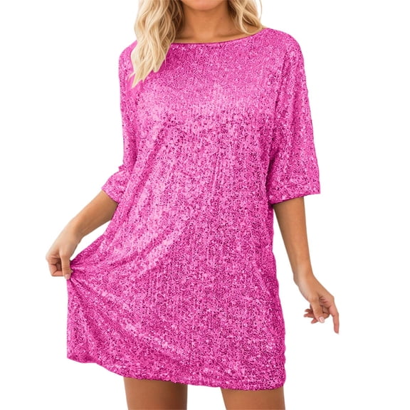 RUTAYY Women's Dress Sparkly Sequins Casual Short Sleeve Round Neck Loose Fit Party Daily Wear Comfortable Trendy Trip Mesh Dresses