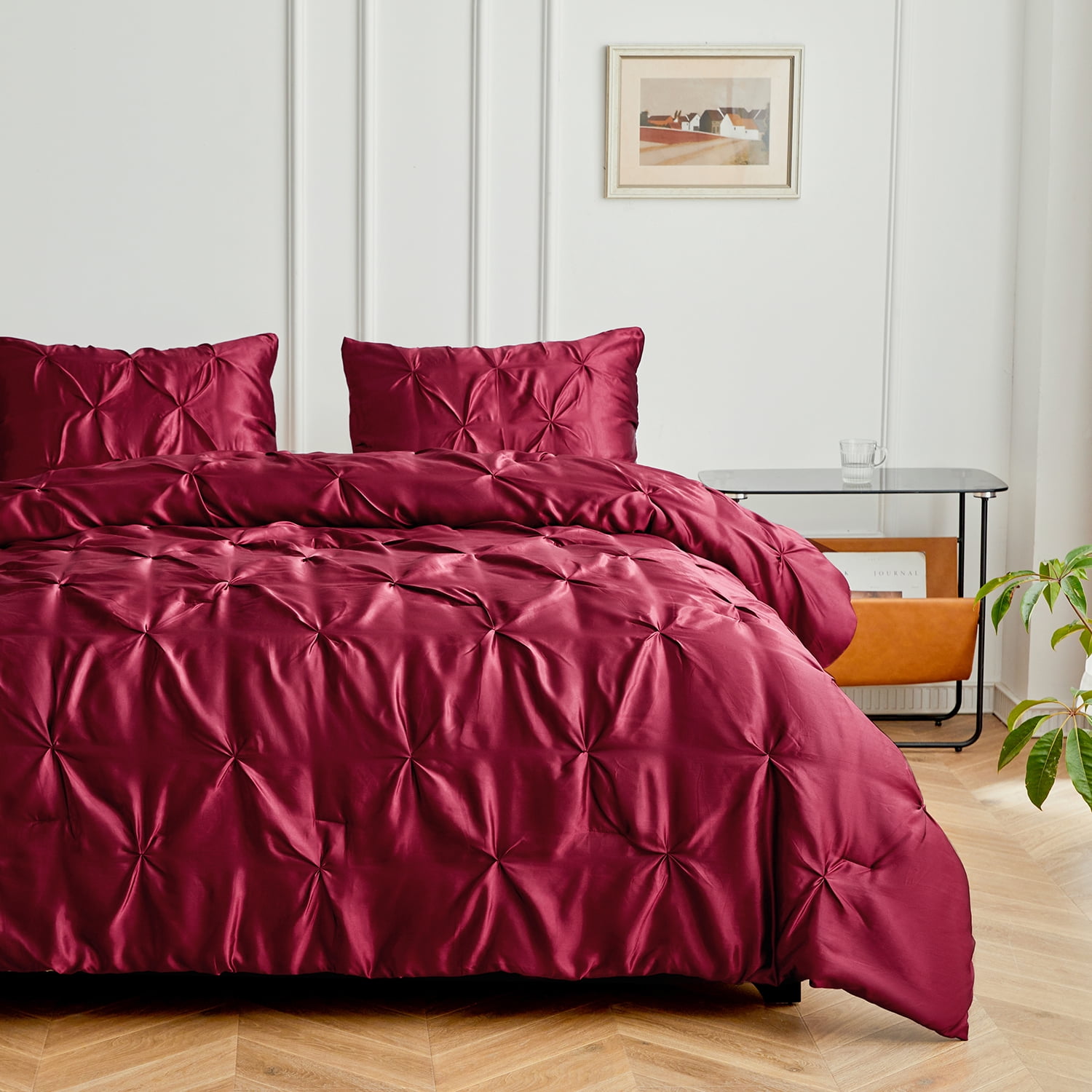 MR&HM Satin Comforter Queen Set 3pcs, Pintuck Beddding Sets with Comforter and 2 Pillow Shams