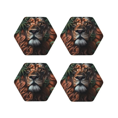

Matuu Lion Forest Crown for Cup Coasters Set of 4 Leather Coasters Desk Coasters for Office Measures 4” x 4”-Hexagon