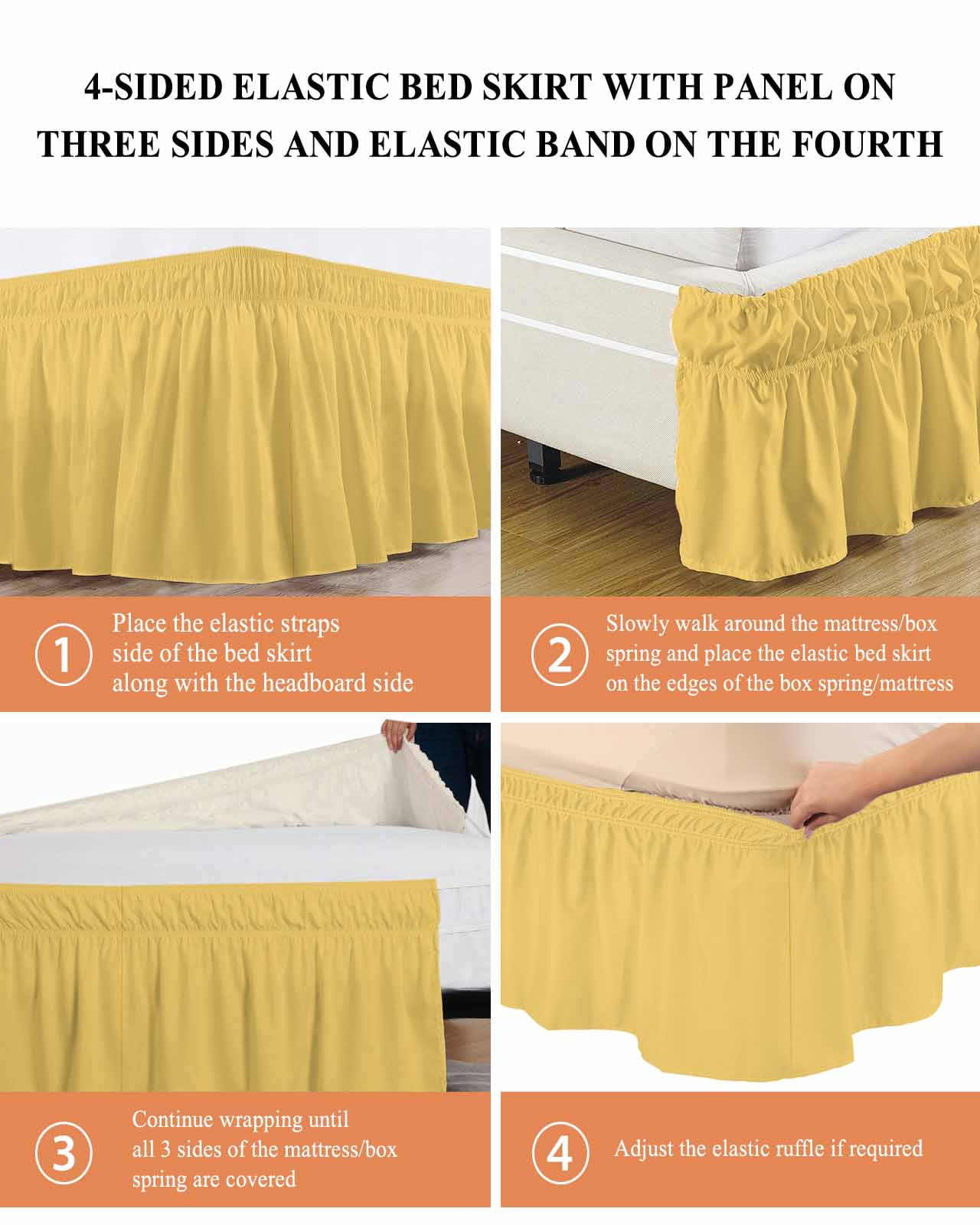 Solid Color Bed Skirt Yellow Bed Skirts Queen Size 18 Inch Drop, Wrap Around Dust Ruffle&nbsp;Bedskirt with Adjustable Elastic Belt for Queen Size Beds