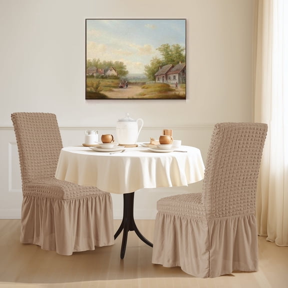 LQCrafK Skirt Dining Chair Covers French Country Stretch Slipcovers for Home, Party, Wedding (2 Pack, Oatmeal)