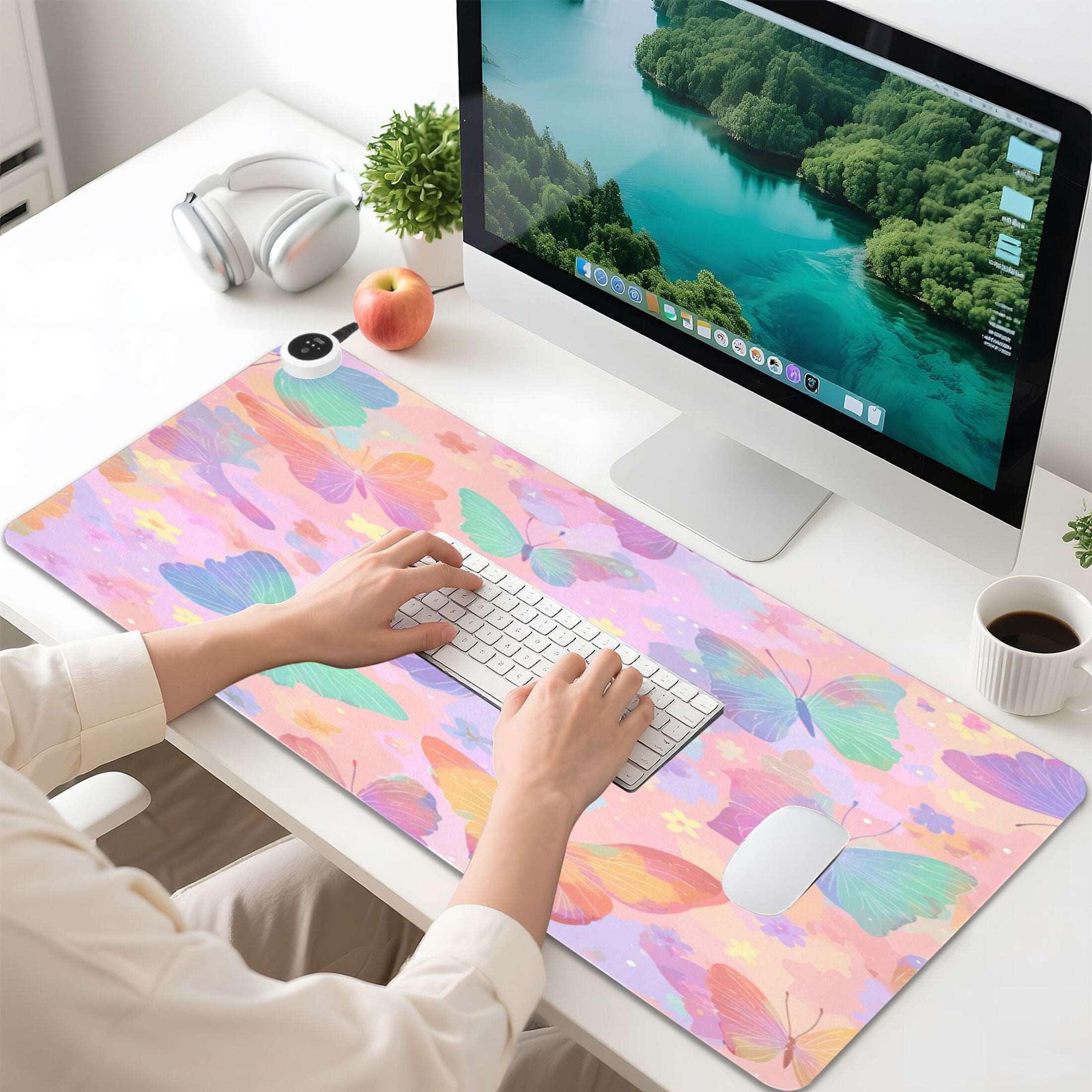 Large Heated Desk Mat Mouse Pad 31.5"x13"PU Leather Graphene Heating Desk Warmer with 3 Temperature Settings 110V US Plug Non-Slip Warm Pad for Home, Office, and Gaming Peach Pastel Butterfly Flutter