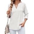 thumbnail image 2 of BadPiggies Women's Blouses V Neck Rolled Up 3/4 Length Sleeve Tops Casual Jacquard Fall Shirts (2XL, White), 2 of 8