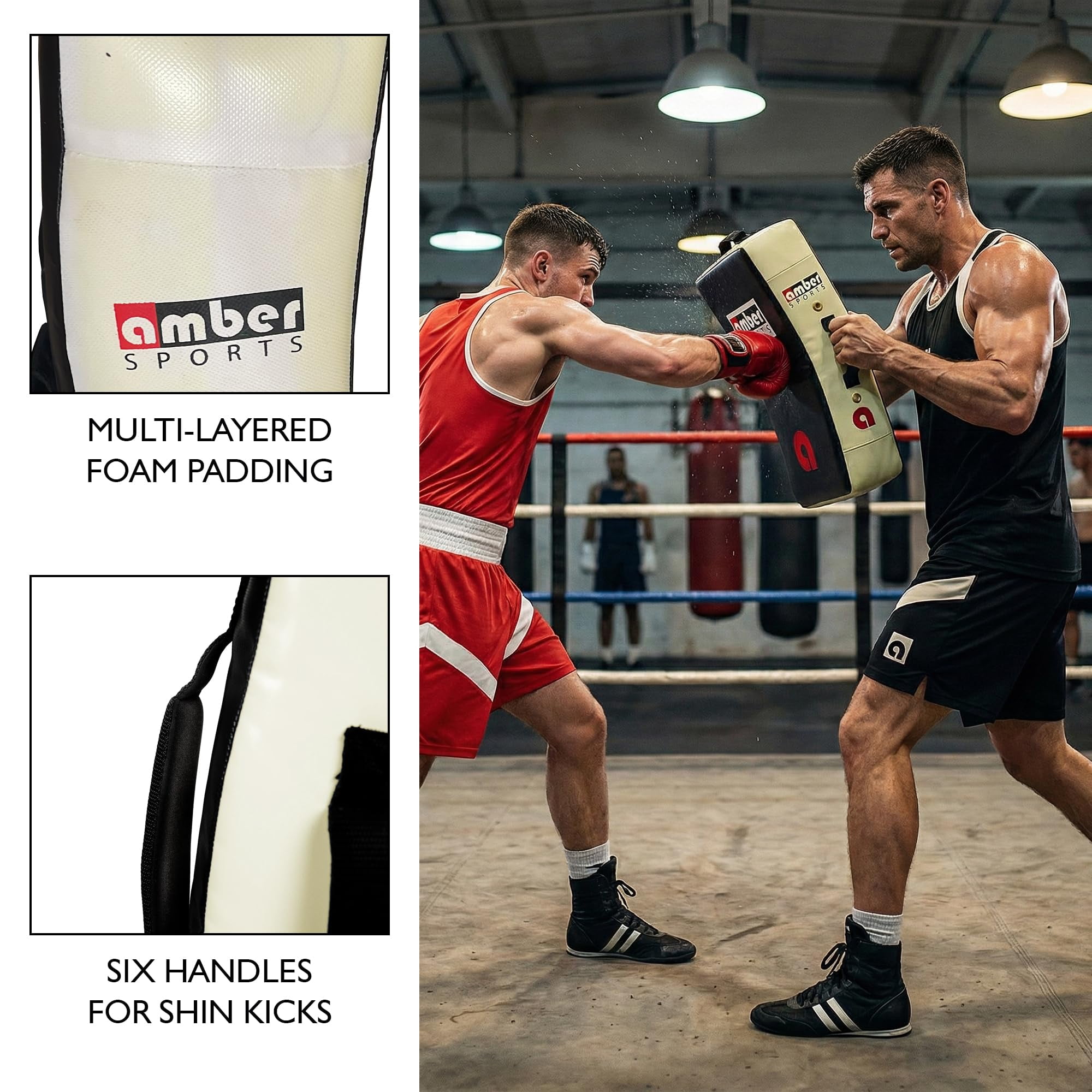 Amber Fight Gear Gel Punch & Kick Shield, Curved Training Pad, 25” x 15” x 5.5”, Multi-Handle Grip, Gel Enforced Lining, Heavy-Duty Canvas Vinyl, Muay Thai, MMA, Kickboxing, Karate