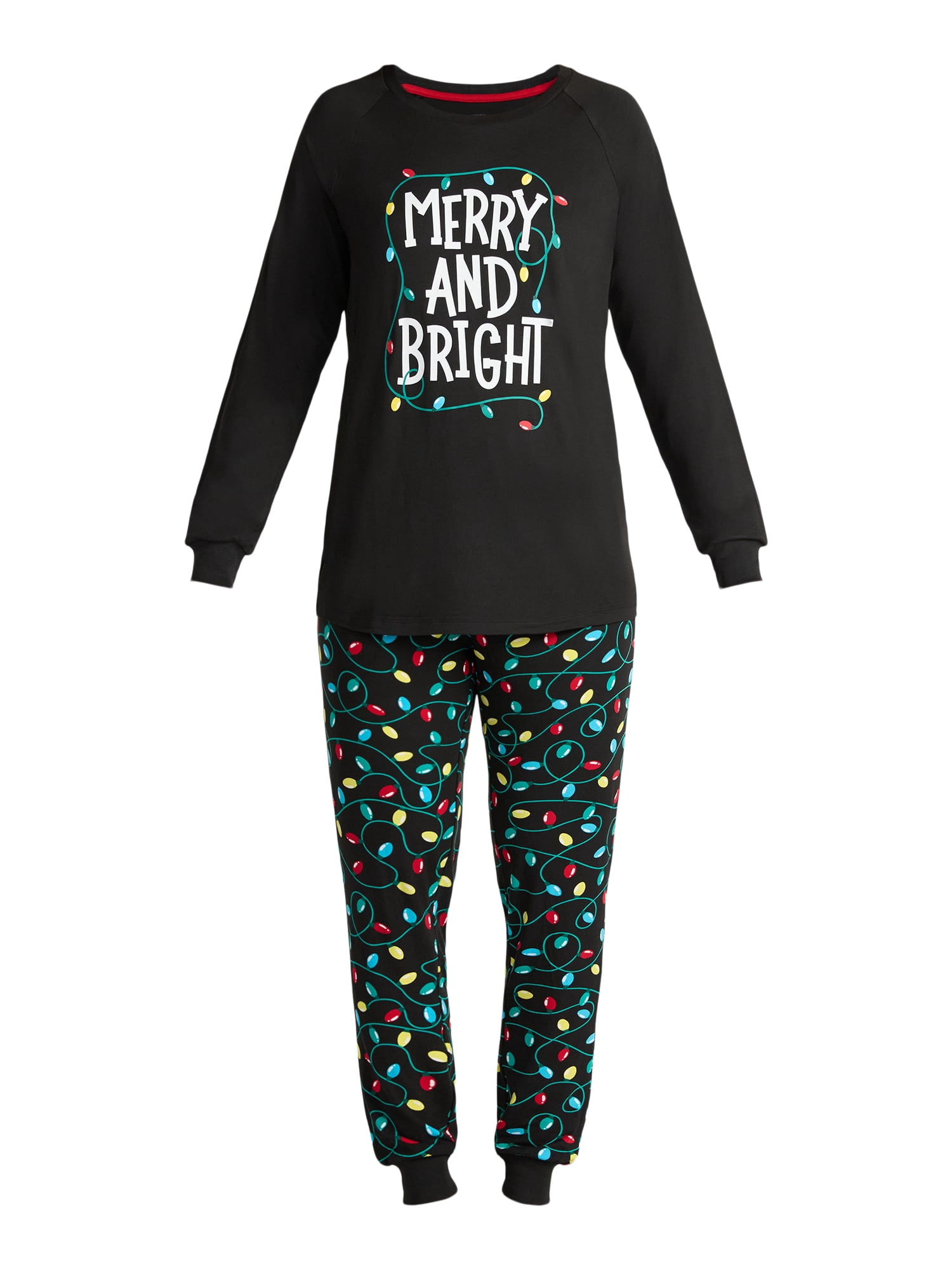 Holiday Time Women's Matching Family Pajamas Merry and Bright Top and Pants Set, 2-Piece, Sizes S-3X