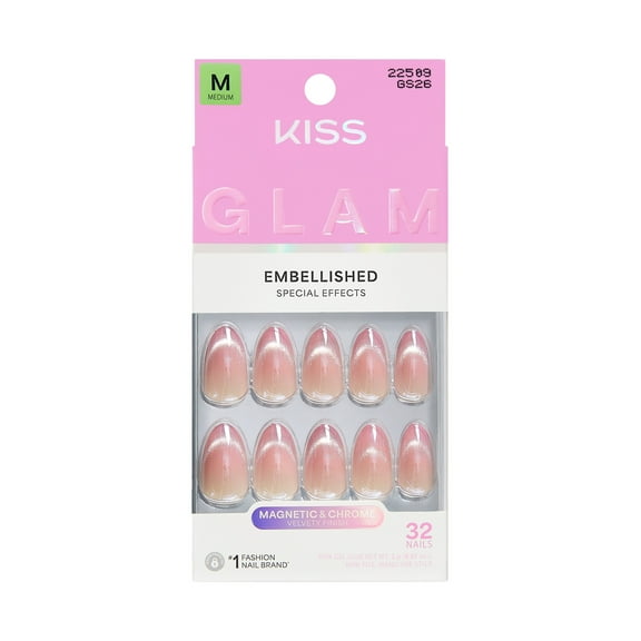KISS GLAM Embellished Press On Nails Almond, ‘Stardust Wonder’, Pink, Medium, 32 Count