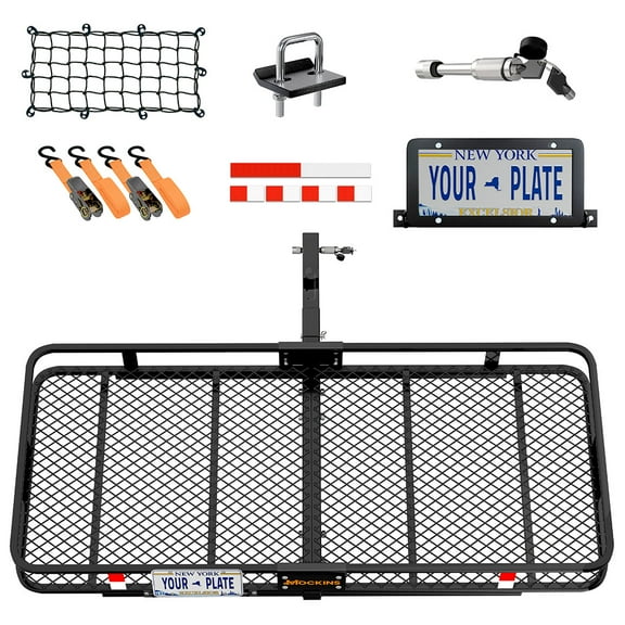 Mockins 60"x24"x6" Trailer Hitch Cargo Carrier with License Plate Bracket, Net, Straps, Hitch Lock and Stabilizer