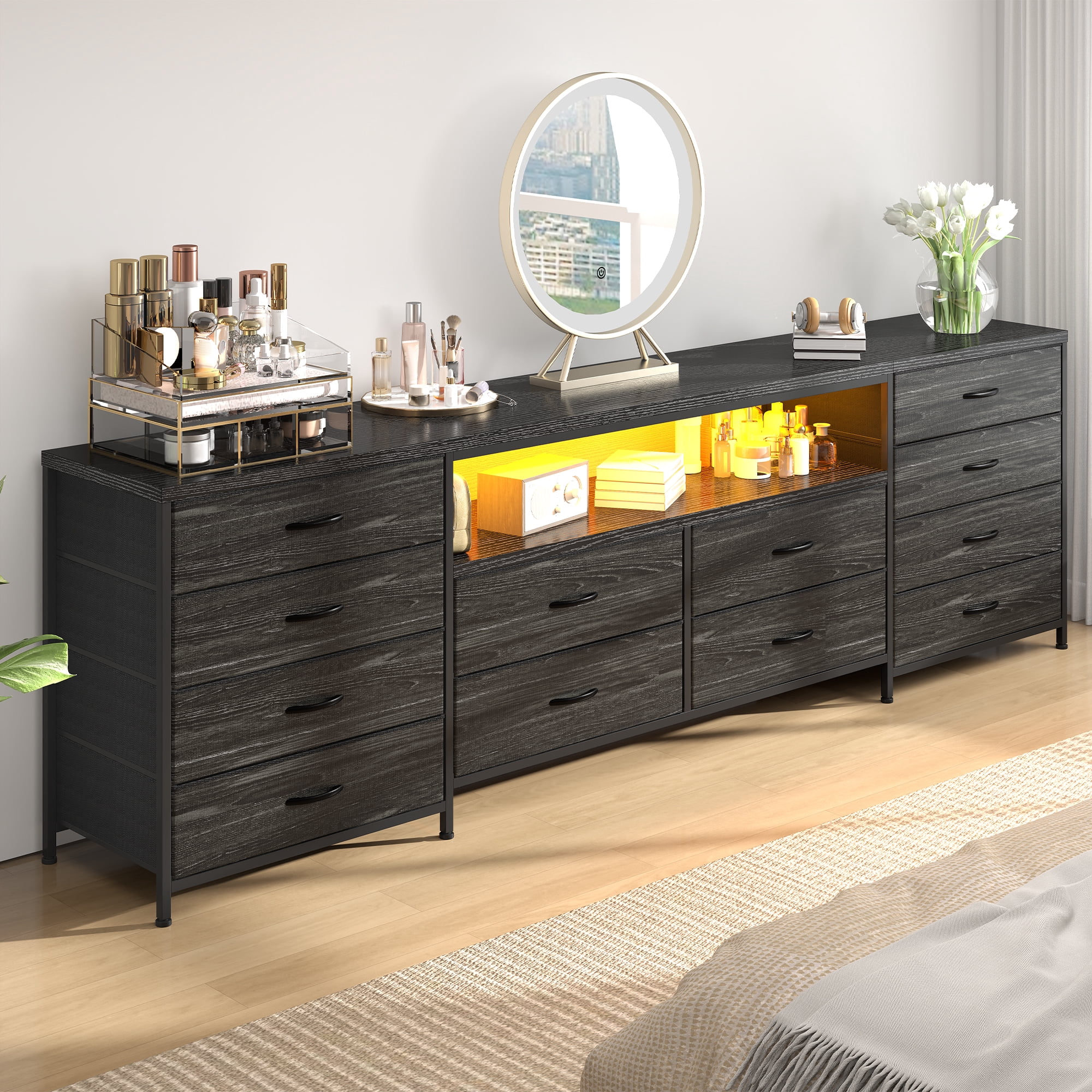 63" W 12-Drawers Dresser TV Stand for 65/70/75 Inch TVs, Black Entertainment Center with LED Lights & Power Outlets,Fabric Drawers for Bedroom,Living room