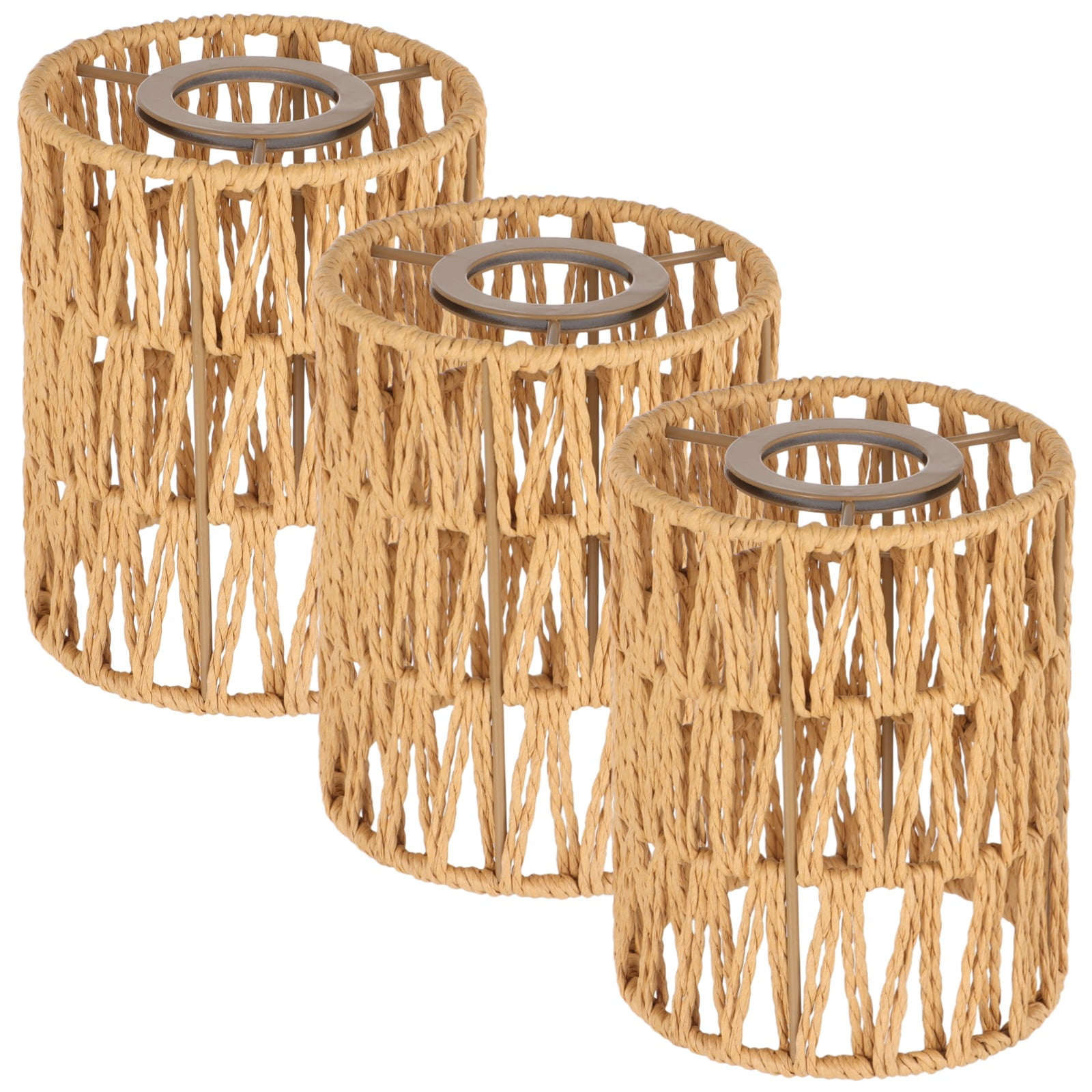 3 Pack E27 Rattan Lampshades – Handwoven Cylinder Lamp Shade, Bohemian Paper Rope & Metal Frame, Natural Wicker Replacement for Table Pendant & Wall Lights, 4.7" x 5.9"