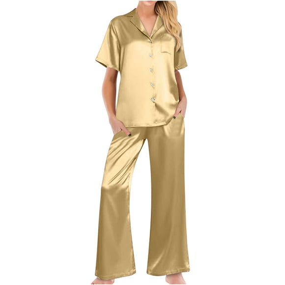 Bowake Women's Silk Satin Pajamas 2 Piece Outfits Short Sleeve Button down Shirt and Wide Leg Pants Sets Sleepwear Pjs