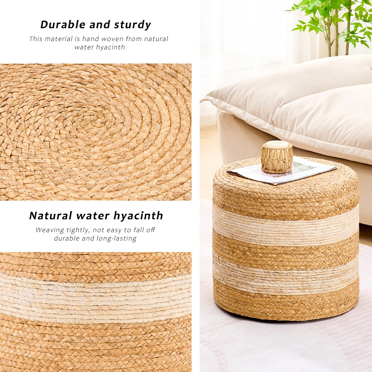 IVV 17.7" Round Ottoman, Handmade Woven Water Hyacinth Foot Stool, No Assembly, for Home Decor & Seating (Natural & Beige)