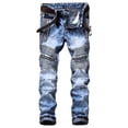 thumbnail image 2 of AITITIA Men's Biker Zipper Deco Washed Straight Fit Jeans (28W x 30L, Light Blue), 2 of 4