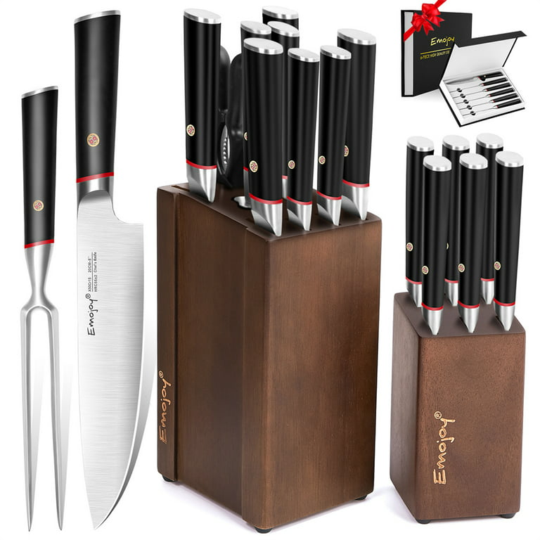 Emojoy Knives Set for Kitchen With Block,Rust Proof,15-Pcs Knife Set with  Block Wooden, Black Handle German Stainless Steel Cutlery Knife Set 