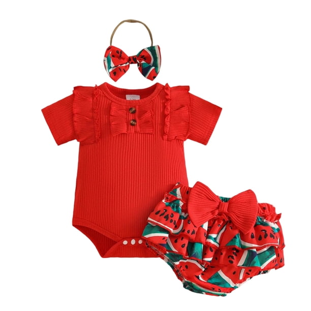 Niña Bebé Ropa de Verano Manga Corta Manga Voladora Tela de Ranura Ha Yi + Pantalones Cortos de Arco + Banda de Arco Conjunto de Tres Piezas Niña Bebé Conjuntos de Traje para el Uso Casual Y la Fotog