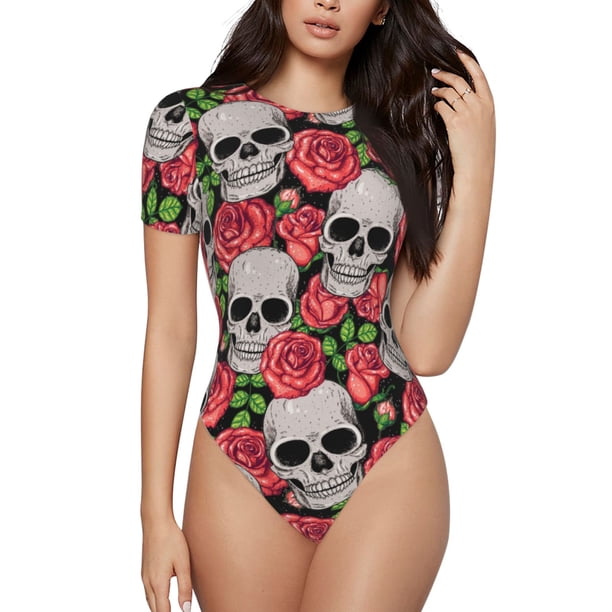 Balery Skull and Roses Body de cuello redondo de manga corta para mujer Tops de manga corta Tops básicos-Medium