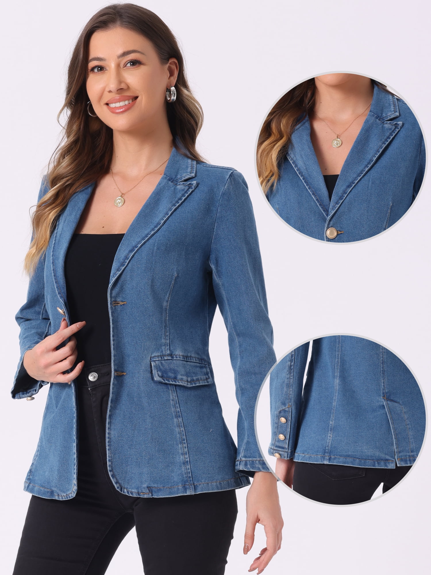 DARING DIVA Women's Notched Lapel Denim Blazer Work Pad Jean Jackets S Light Blue
