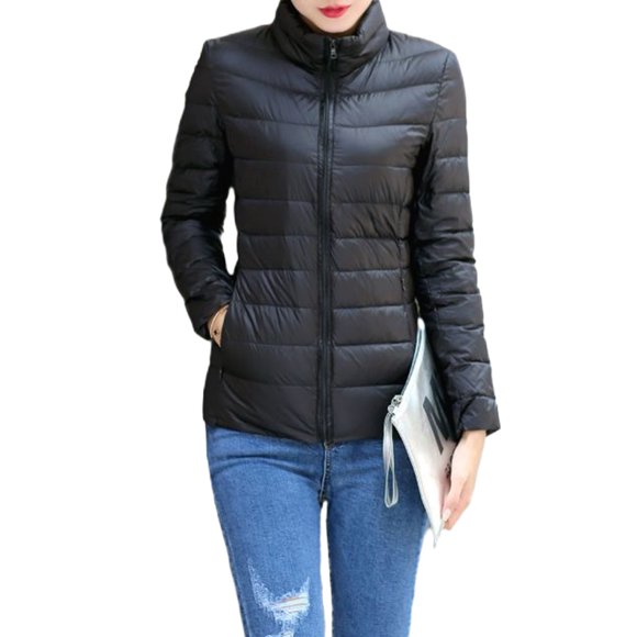 LUXUR Women Down Jackets Stand Up Collar Puffer Jacket Full Zip Coat Packable Outwear Solid Color Black 5XL
