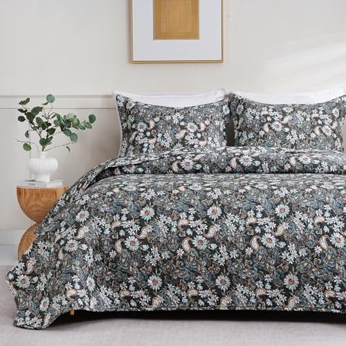 Black Paisley Floral Quilt Set Twin Size, 2 Piece Printed Bedspreads, Soft Microfiber Fall Quilt Blanket Coverlet with Pillow Sham