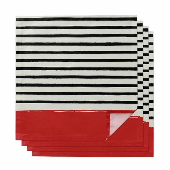 Cloth Napkins Set of 4 - 20x20 Inches, Country Black Stripes Washable Reusable Table Napkins, Geometric Horizontal Striped Retro Red Soft & Absortbent Dining Napkin for Party Wedding Hotel Restaurant