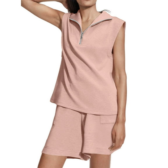UVN Summer Two Piece Outfits Set for Women Short Set Half Zip Sleeveless Sweatsuits Ladies Lounge Tracksuit