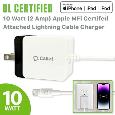 Cellet 10W 2A MFi Apple Certified Home Charger with Attached 4ft Lightning Cable, UL Listed Wall Adapter for iPhone, iPad, iPod