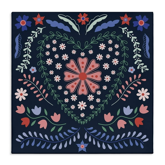 Stupell Industries Folk Flowers in Heart Pattern Floral Painting Wrapped Canvas Canvas Art Print Wall Art, 17 x 17
