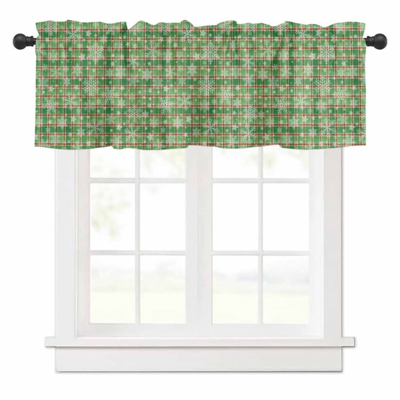 Christmas Valances for Windows Star Winter Snowflakes Green Plaid Rustic Rod Pocket Curtain Valance Window Treatment Short Curtains for Kitchen Living Room, 42"x12"