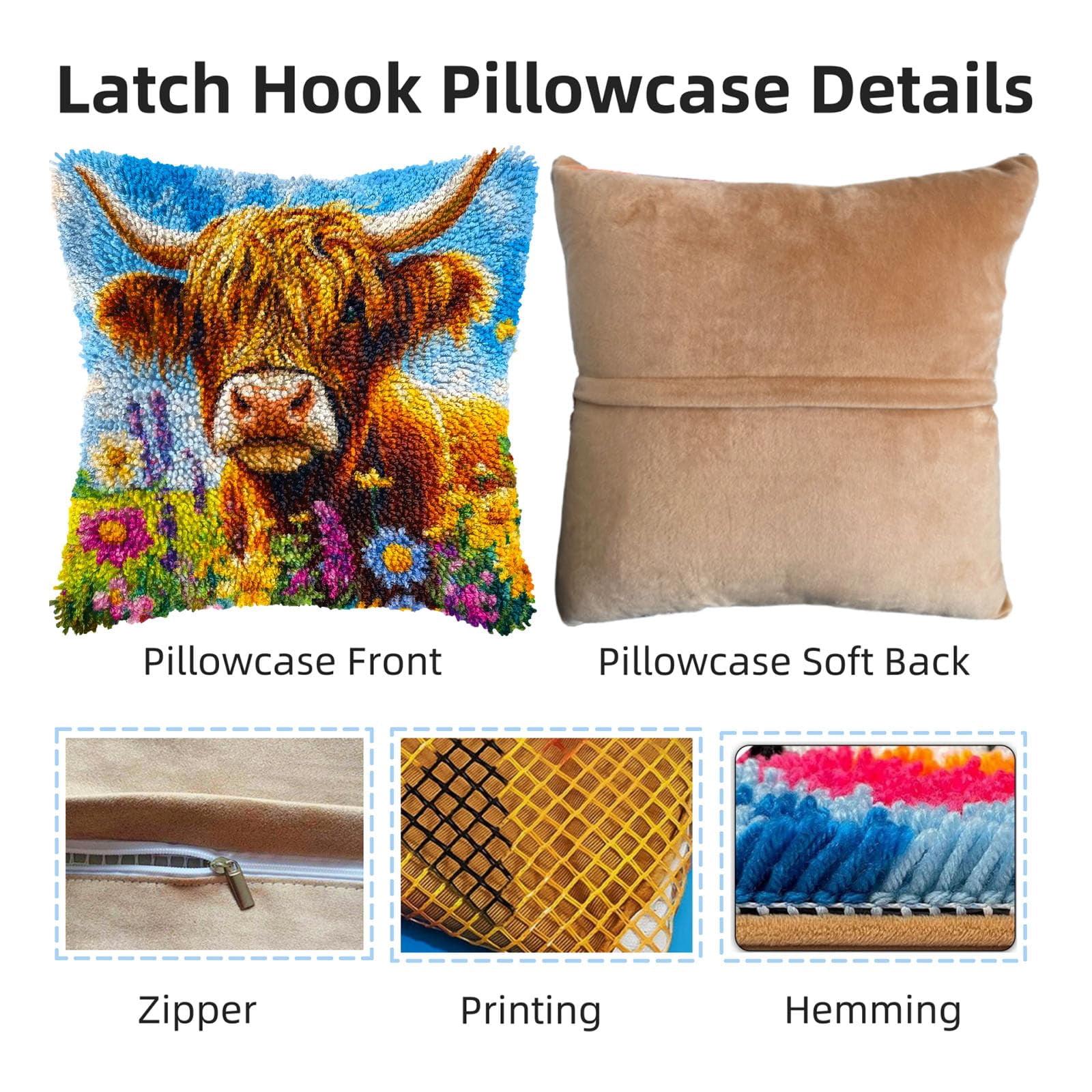 DIY Latch Hook Pillow Kits Cute Highland Cow in Flowers Printed Pillowcase Crochet Yarns Hooking Handmade Pillow Cover Cushion for Home Sofa Decoration 17x17inch-3