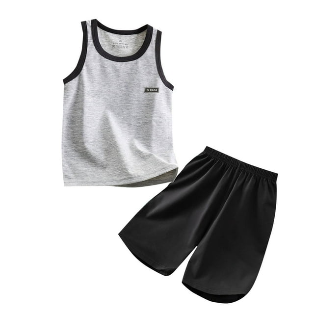 Économies d'Été! HVOBTTY Ensemble Décontracté 2 Pcs Sans Manches pour Filles, Ensemble Décontracté Sans Manches à Col Rond et Shorts Imprimés Respirant et Frais Gris, 170