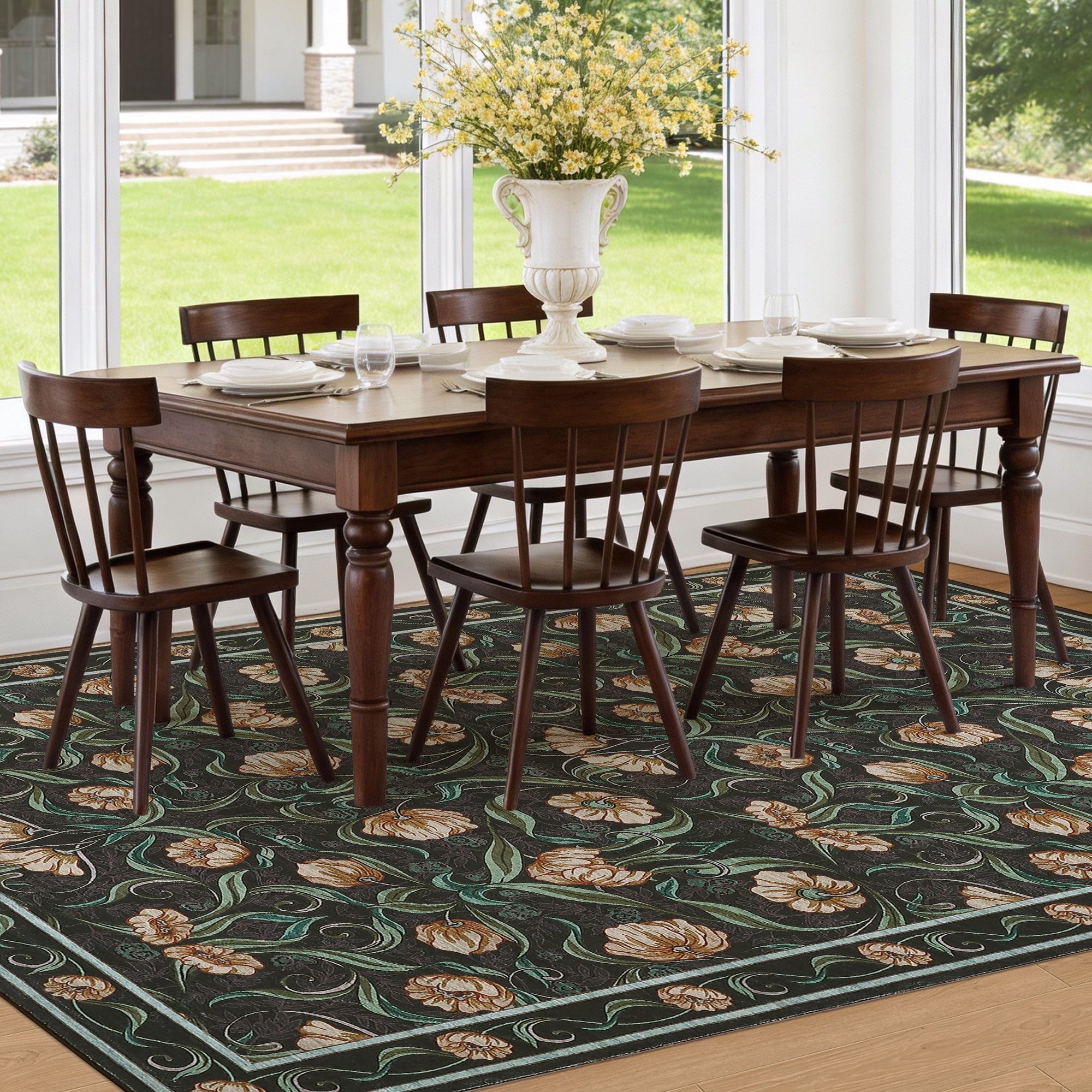 Memoryfield Modern Floral Area Rug 8' x 10', Washable Floor Cover, Soft Low-Pile Non-Slip Carpet, for Living Room Bedroom Dining Room, Black