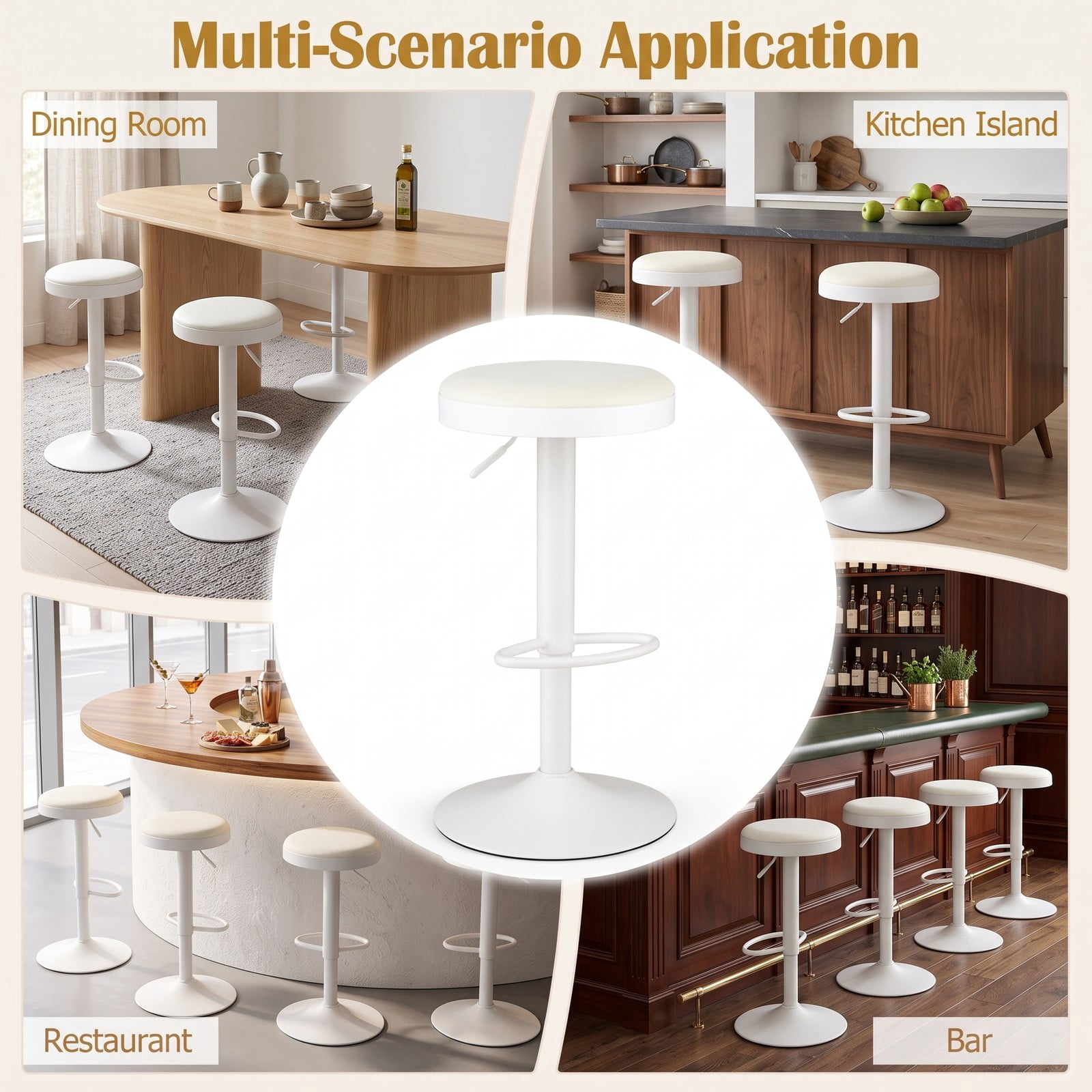 Furnibear Set of 2 Adjustable Kitchen Bar Stools, 360 Swivel Counter Stools with Soft Padded Fabric Seat, D-Shaped Footrest and Non-Slip Base, 330 lb, White