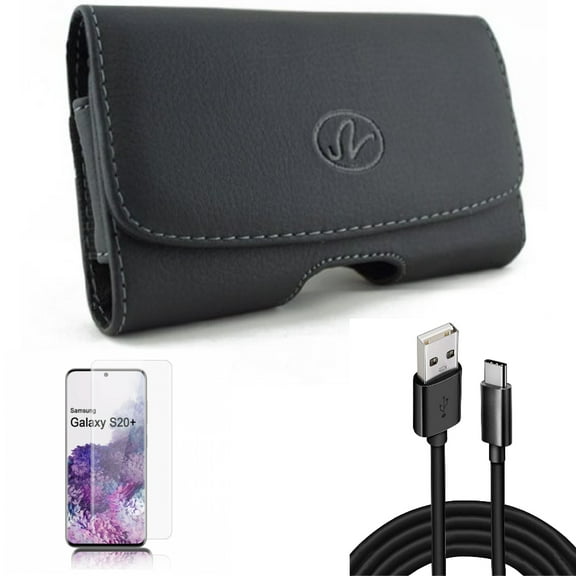 Case Belt Clip w Screen Protector w 10ft USB Cable for Samsung Galaxy S20 Plus - Leather Swivel Holster, Tempered Glass [Fingerprint Unlock] 3D Curved Edge, Type-C Charger Cord fits Galaxy S20 Plus