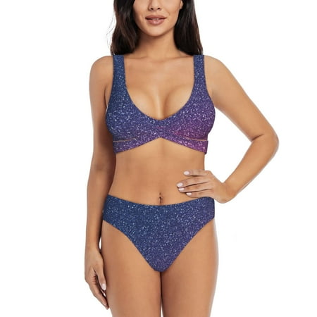 Zeuib Violet Glitter High Waisted Tummy Control Bikini Set - Knot Front Push Up Top & Cheeky Thong Bottom  Two-Piece Swimsuit for Women-Medium