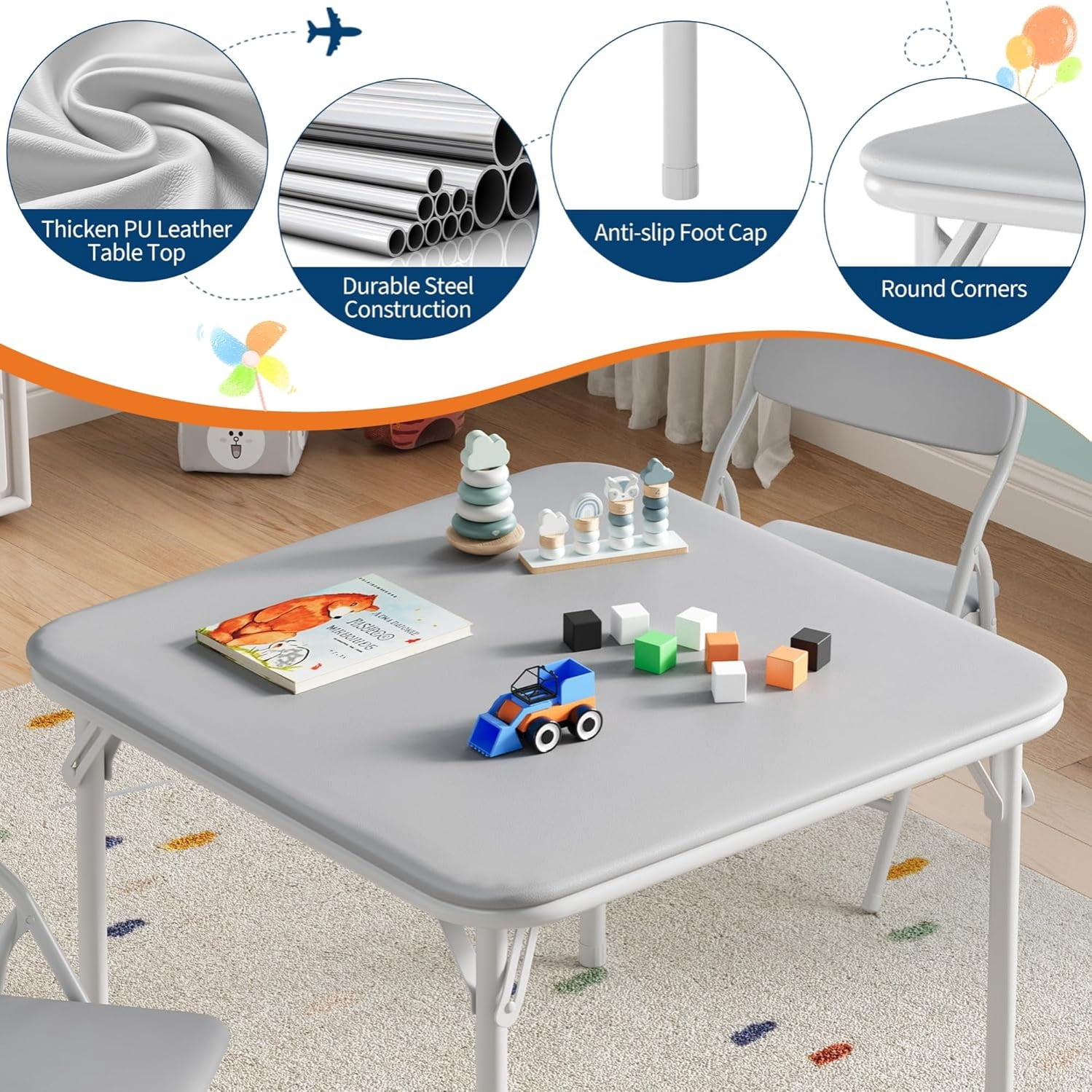 3/5 Piece Kids Folding Table and Chairs Set, Toddlers Boys Girls Games Table and Chairs Set, Activity Table and Chairs Set for Dining Room,Daycare,Classrooms