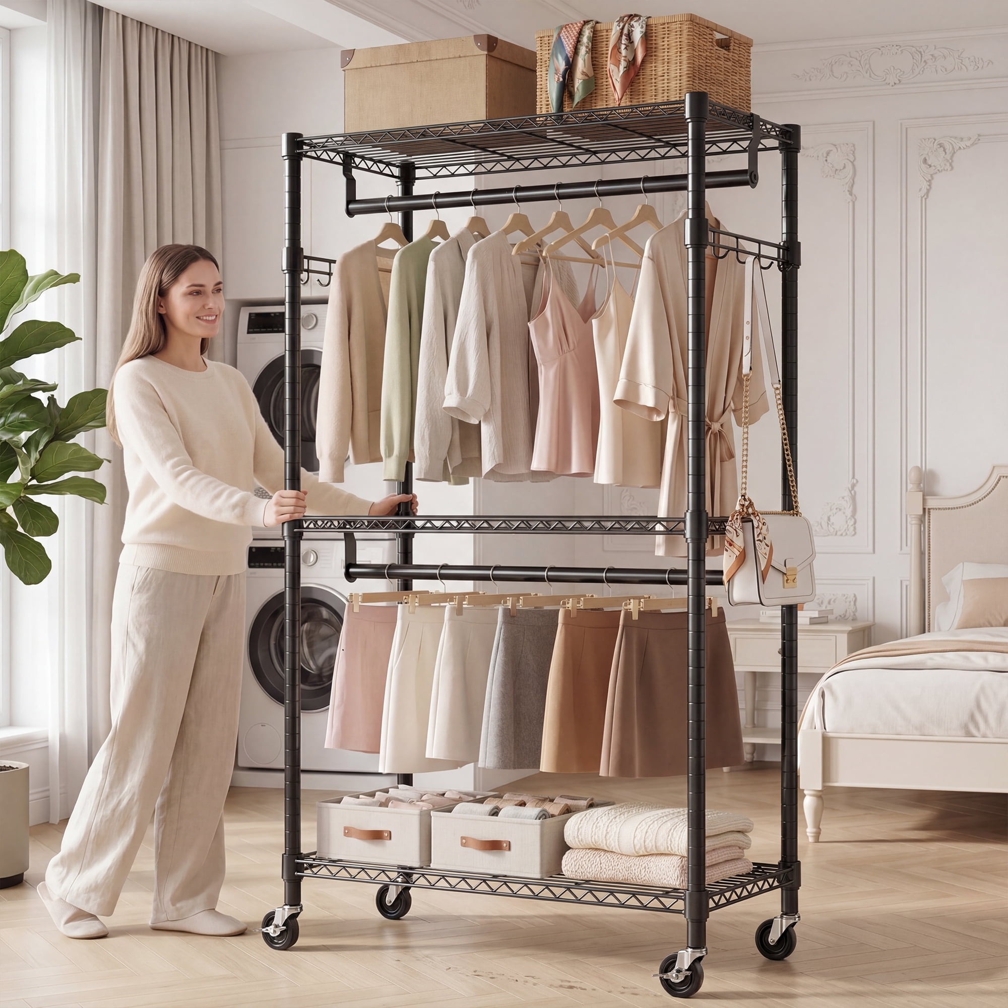 Leumius 3 Tiers Heavy Duty Rolling Garment Rack, Adjustable Wire Shelving Clothes Rack with 2 Rods and Side Hooks,Storage Closet Clothing Rack with Wheels for Laundry Room Bedroom Cloakroom Black
