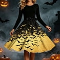 thumbnail image 6 of Women's Vintage Halloween Bat Print Swing Dress Long Sleeve 1950s Retro A-Line Midi Dresses with Satin Sash Belt for Gothic Cosplay Evening Prom Party, 6 of 6