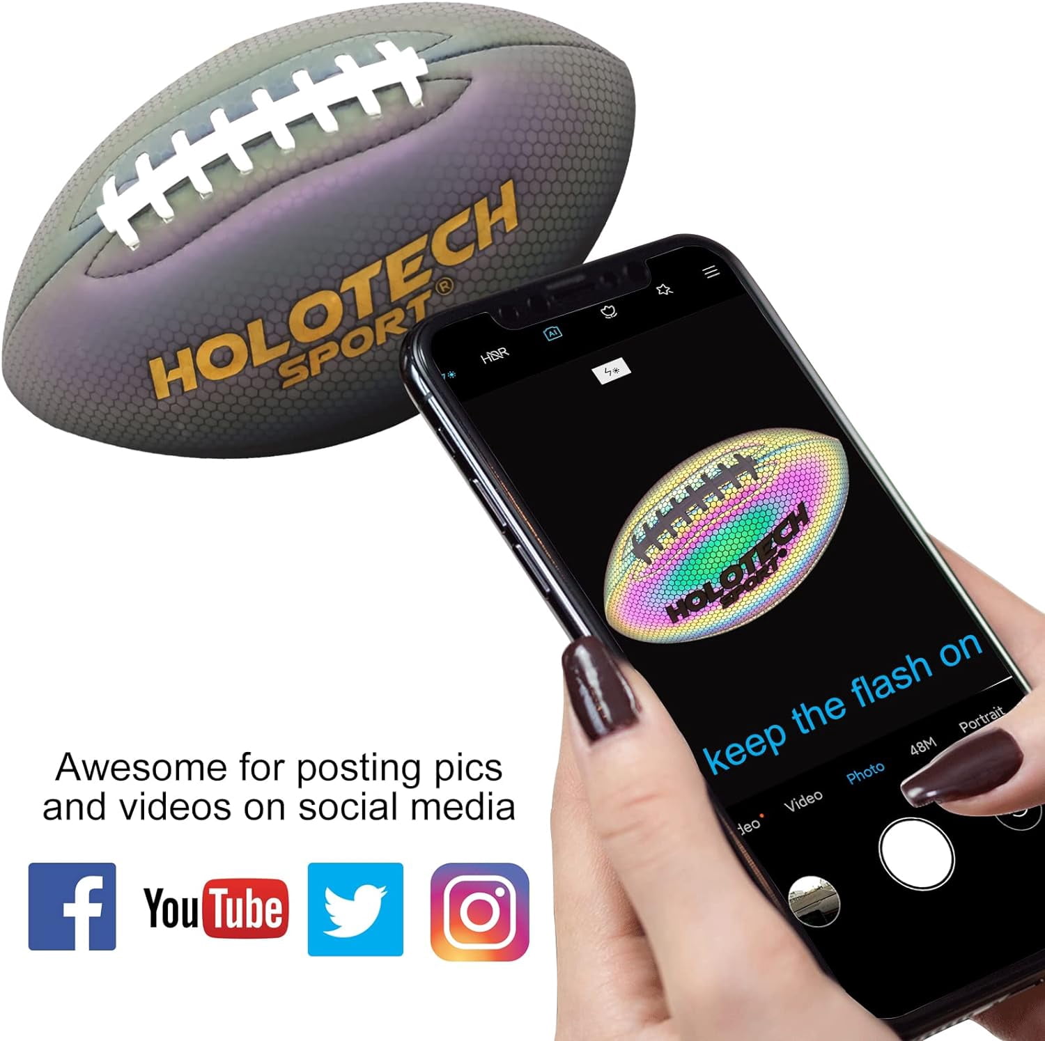 Football, Holographic Reflective Glowing Footballs with Pump for Kids, Teens and Adults - Synthetic Leather Outdoor All-Weather Footballs