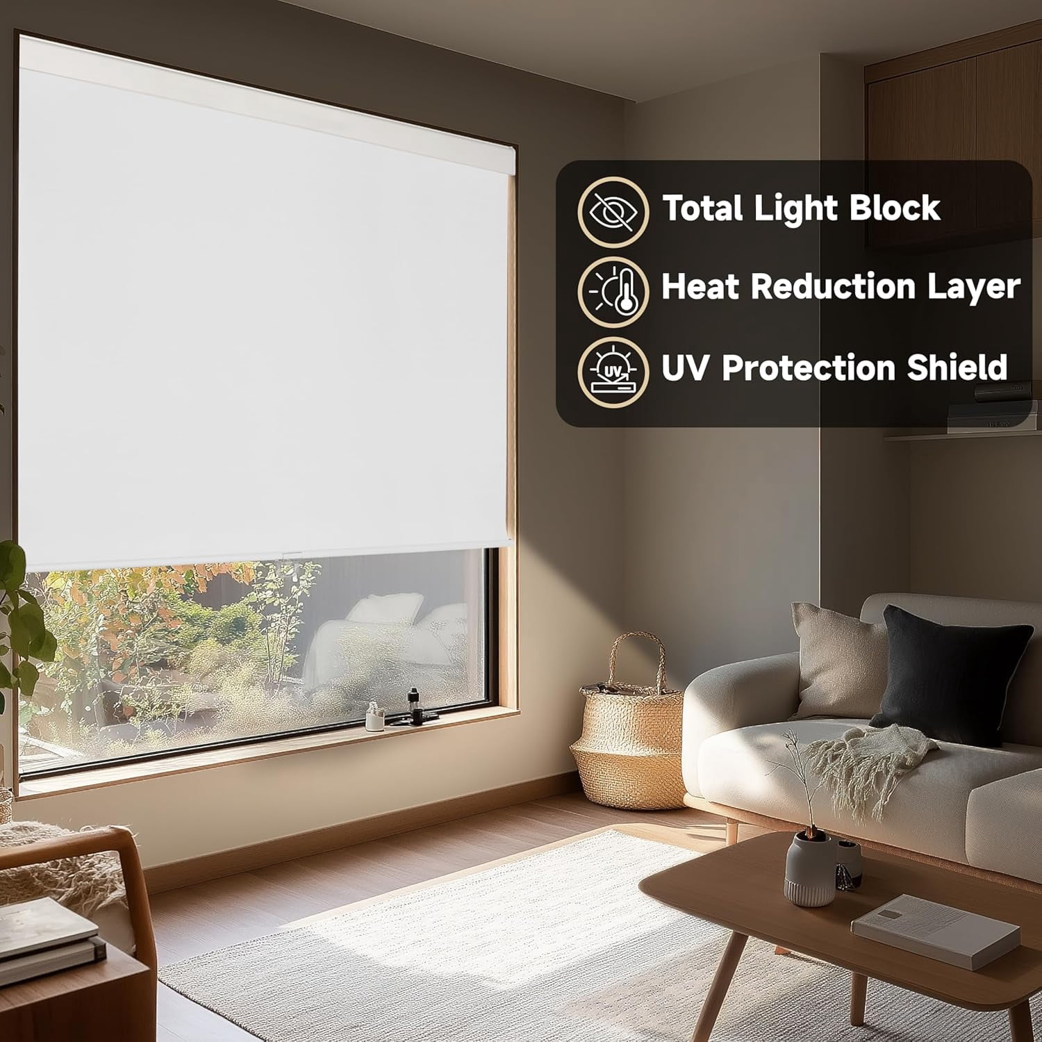 ColourTree Cordless Blackout Roller Shades Blinds for Windows, Room Darkening with Thermal Insulated Fabric, UV Protection+, Easy Pull-Down System, Fit for Home, Office (72" W x 72" H, White)